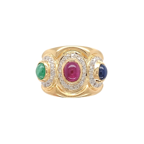 18K Gold with 3 Gemstone Center and Diamond Halo Accents   j7642